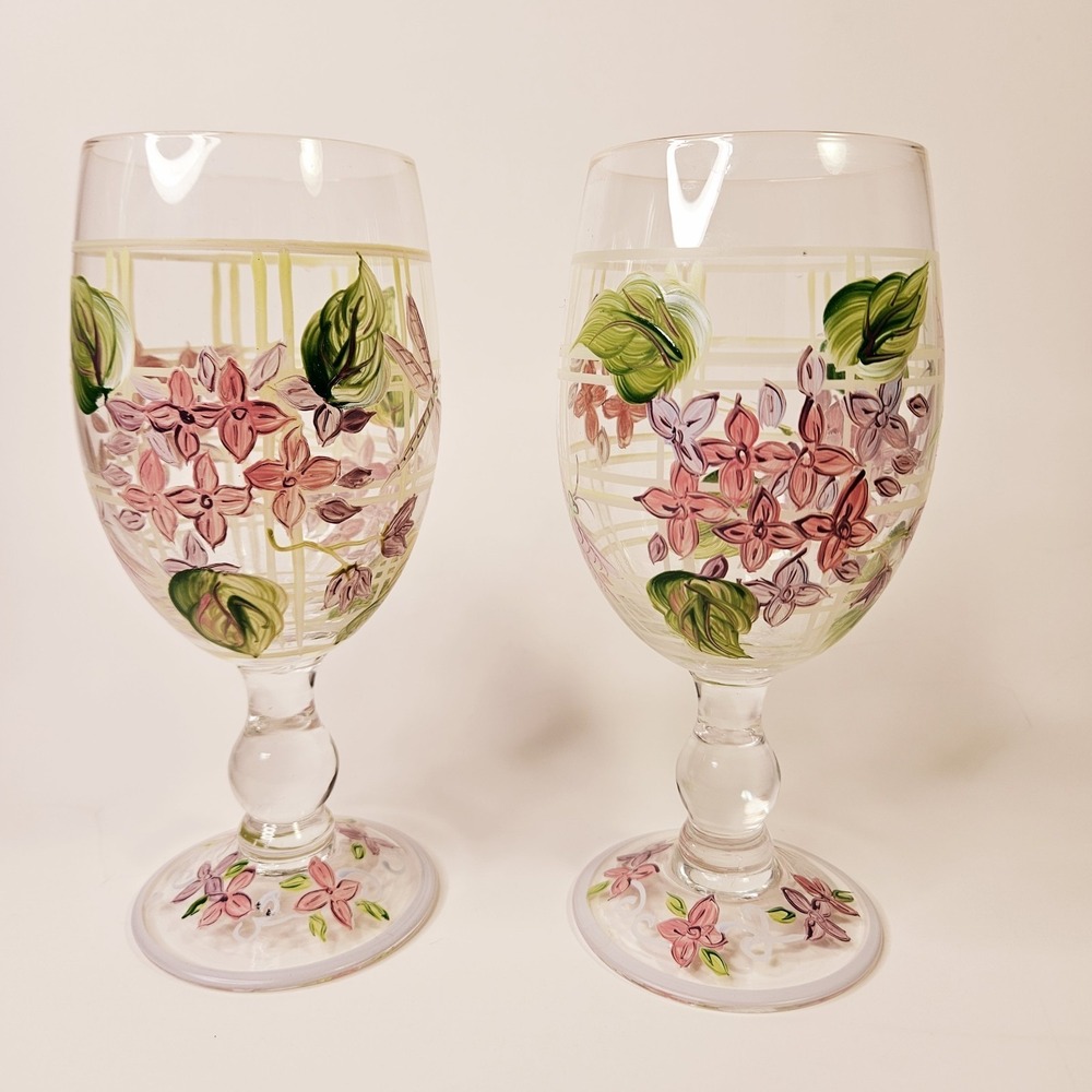 *Set of 2 Hand Painted Stemmed Water Goblets Pink Purple Floral Dragonfly 16oz